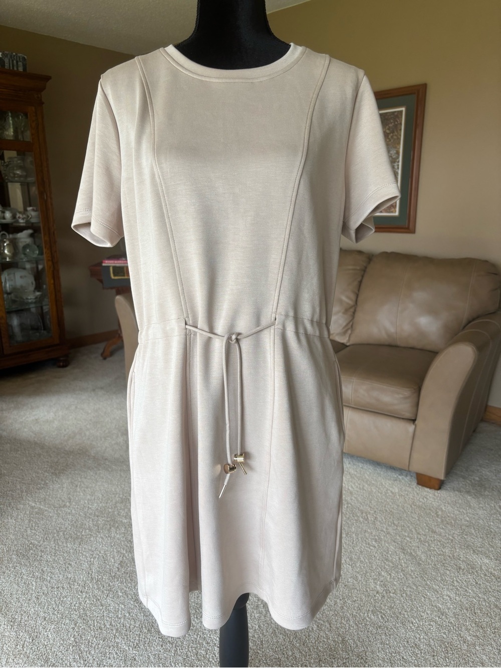 Casual Drawstring Dress in Light Beige M